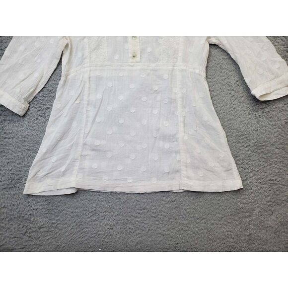 Fossil Blouse Top Womens Medium White Polka Dot Cotton 3/4 Sleeve Button Front - Picture 6 of 10
